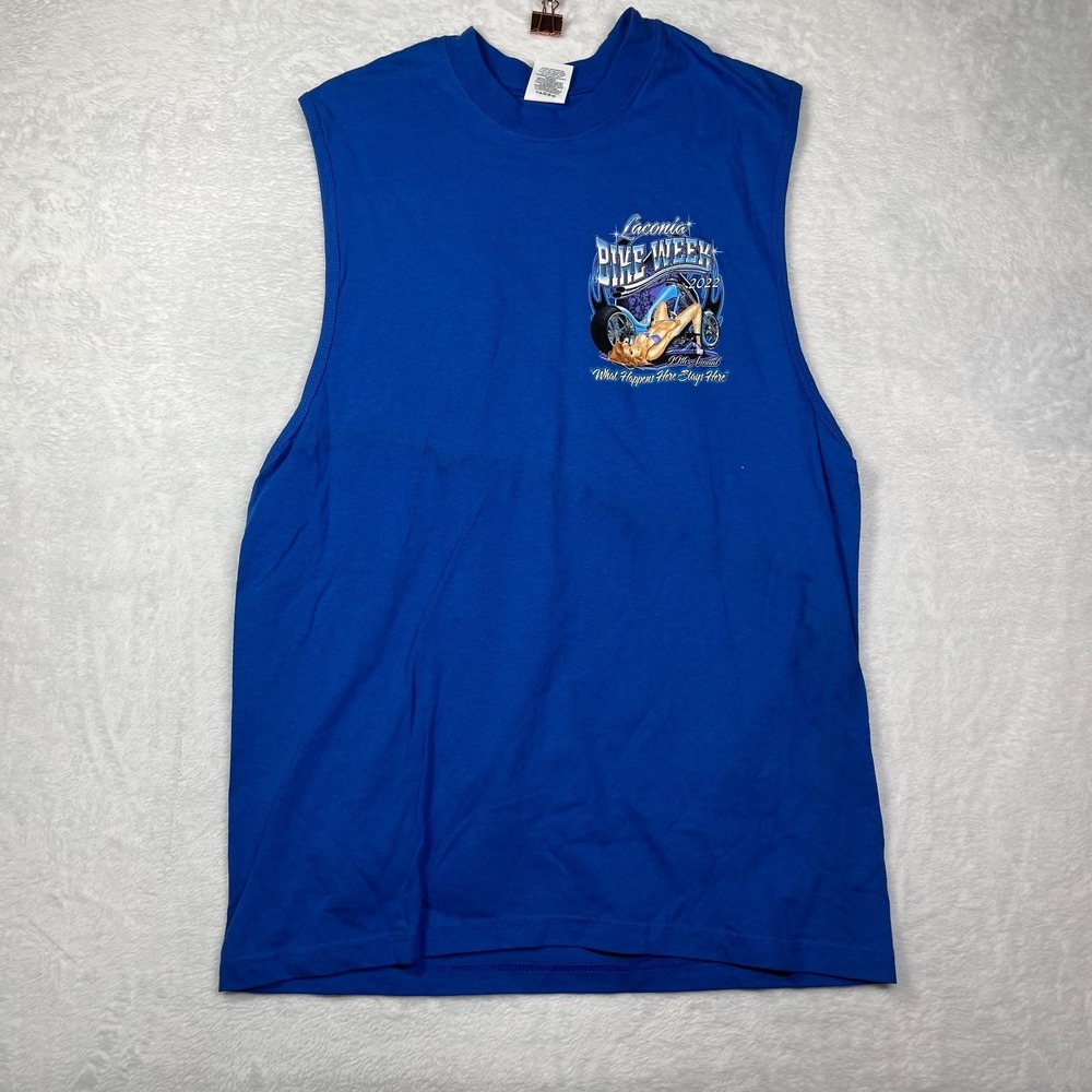 Suna 99th Laconia Bike Week T Shirt Mens M‎ Blue What Happens Here Stays Here